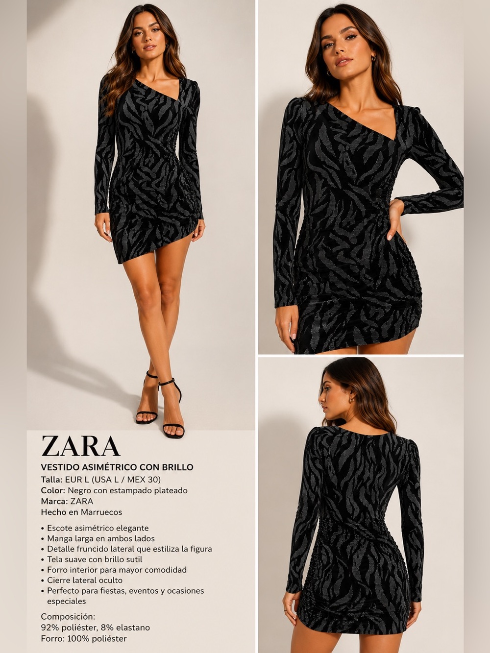 ZARA Black Gray Zebra Print Asymmetrical Neck Ruched Mini Dress L Stretch